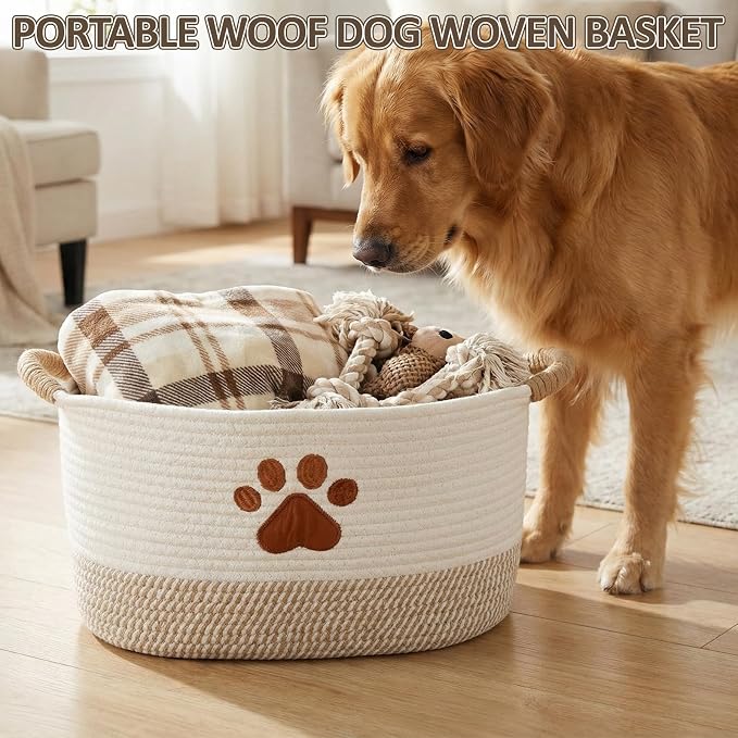 Dog Woven Toy Basket 14.6 x 10.6 x 8.7 Inch Woof Pet Baskets Storage Bin Box with Durable Handles, Woven Pet Basket Puppy Bins for Organizing Toys Dog Blankets and Accessories(Paw)