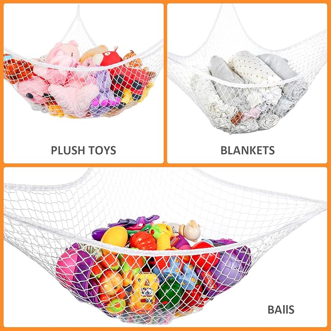 Toy Hammock, Stuffed Animals Hammock, Jumbo Toy Storage Net 83" Wall Sling Corner Extra Large Kids Children Mesh Toy Net Organizer (White, 83 Inch)