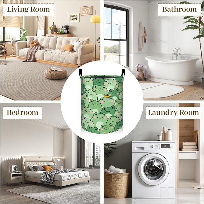 Cartoon Frog Laundry Basket, Adorable Frogs Face Foldable Oxford Cloth, Waterproof Dirty Clothes Hamper with Handles, Clothing Storage Bin Toy Organizer for Bedroom Dorm Bathroom, 19.7"x15.7"
