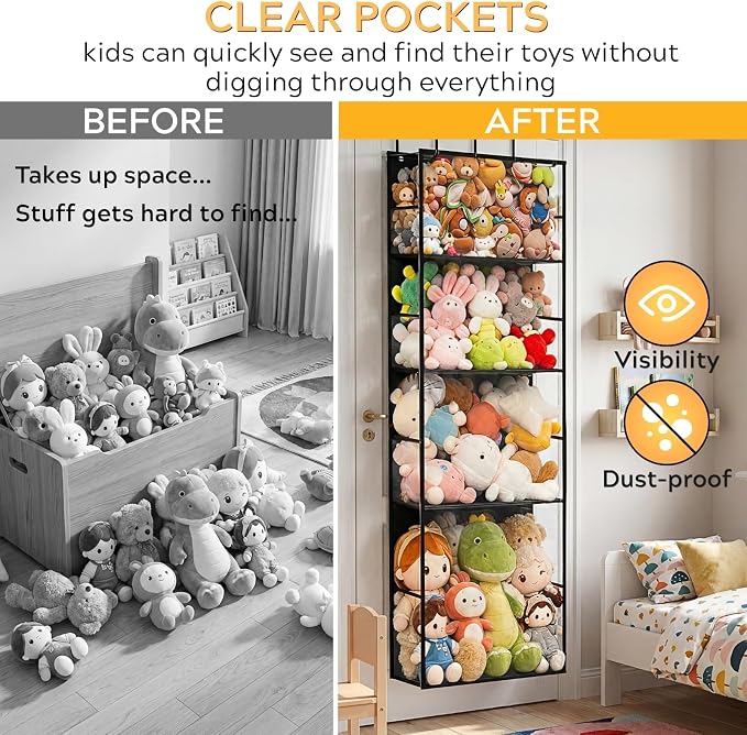 Over the Door Stuffed Animal Storage with Clear Dust Cover | 4 Tier Extra Large Hanging Toy Organizer for Plush Toys, Nursery Bedroom and Kids Room Storage