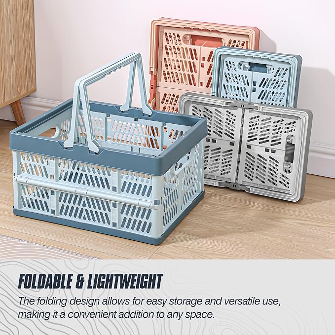 Domiella 2-Pack Foldable Storage Baskets, 20L Collapsible Crates PP Blue | Comfortable carry handles, space-saving design, sturdy PP construction for home storage shopping camping and picnics