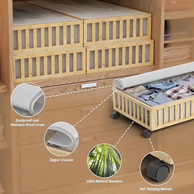 2 Pack Large Bamboo Under Bed Storage Containers with Wheels, Nature | Underbed Drawer Storage with Bag, Wood Rolling Underbed Organizer for Shoes, Sheets Clothes Blanket Comforter, Under Crib Toy