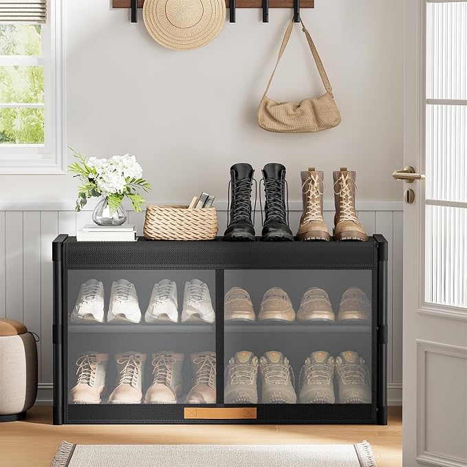 3 Tier Shoe Cabinet with Doors, 12-Pair Storage, Black | Compact Fits Entryway, Transparent Door for Quick View, Holds Sneakers, Heels, Flats, Wipe-Clean Waterproof