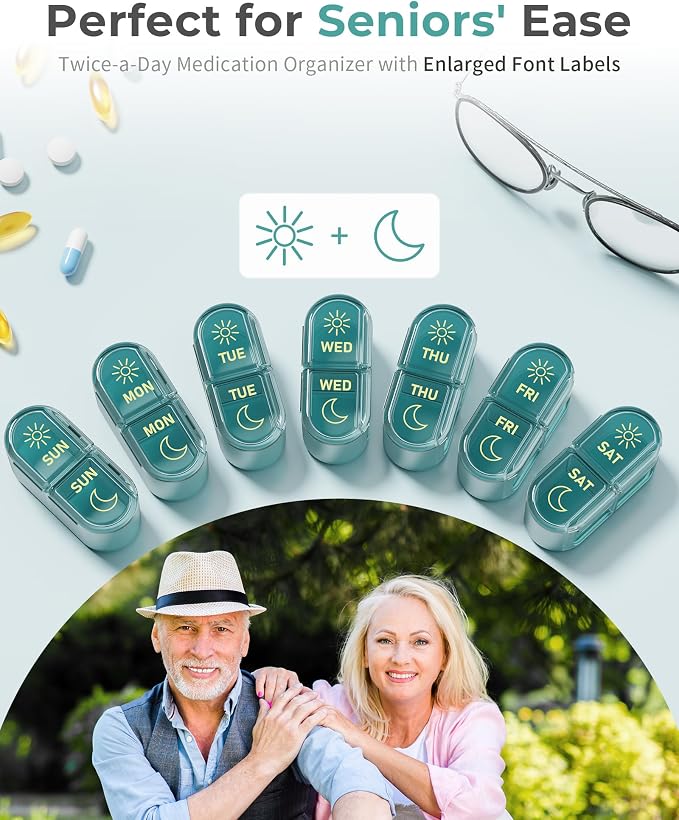 𝐏𝐢𝐥𝐥 𝐎𝐫𝐠𝐚𝐧𝐢𝐳𝐞𝐫, Am & Pm Pill Organizer 7 Days, Weekly Pill Organinzer 2 Times a Day, Pill Box 7 Day, Medicine Pill Organizer for Travel, Vitamins, Fish Oils, Supplements