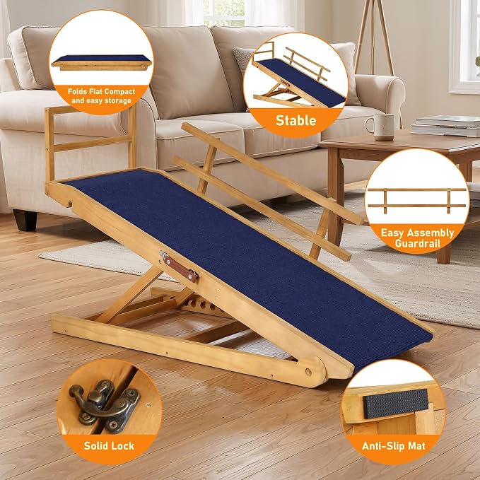 Dog Ramp - 7 Adjustable Heights, Portable with Leather Handle, Anti-Slip Design for Beds, Couches & Cars - Perfect for Small & Large Dogs