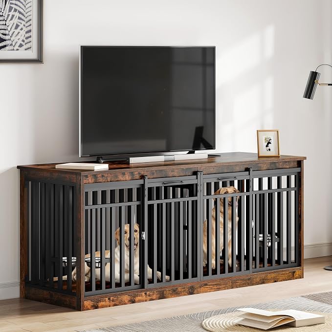 DWVO 71" Double Dog Crate Furniture for 2 Medium Dogs with Dog Bowls | Heavy Duty Wood Dual Dog Kennel TV Stand with Sliding Doors, Decorative 2 Dog Cage Table for Extra Large Dogs Rustic Brown