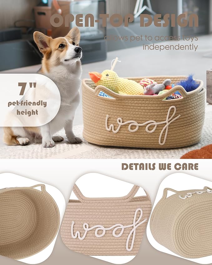 Sea Team Dog Toy Storage Basket with Handles and Ears, Beige Woof | Large Cotton Rope Storage Bin, Shelf Basket, Organizer for Pet Chew Toys, Foods, 16.5 x 11 x 7 Inches, 4.4 Gallons