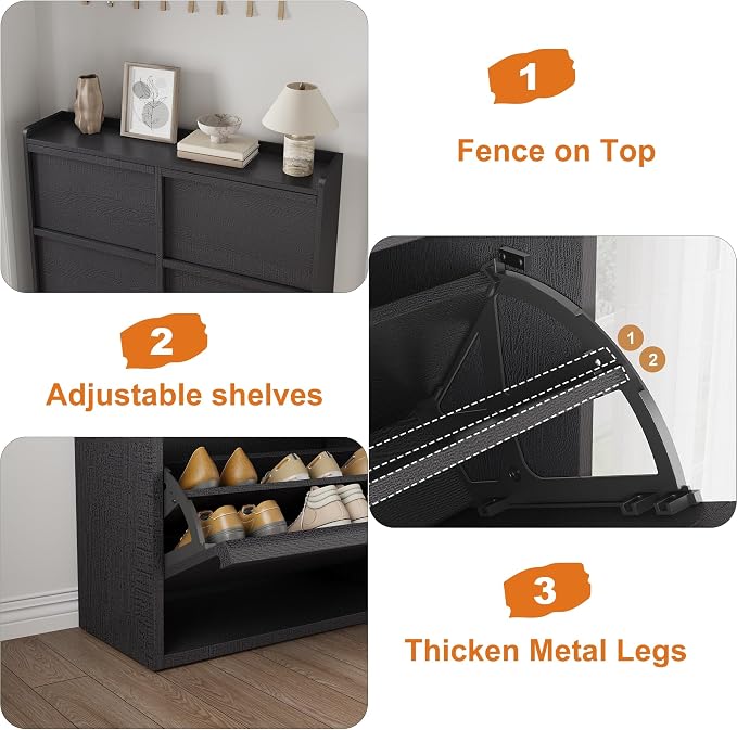 GarveeHome Shoe Cabinet with 6 Flip Drawers, Wooden Shoe Organizer Cabinet with Adjustable Shelf, Shoe Storage for Entryway, Hidden Shoe Cabinet for Hallway, Living Room, Black