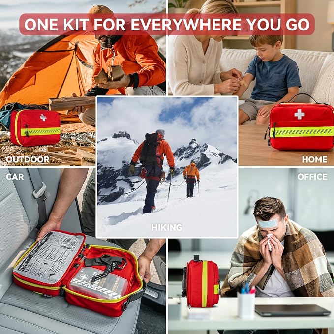 RHINO RESCUE Organized First Aid Kit, Labeled Medical Kit Fully Stocked | Labeled Storage Space with Zip Stitch Wound Closure, Ideal for Car, Travel, Hiking, Home, Businesses, HSA/FSA Approved(Large)