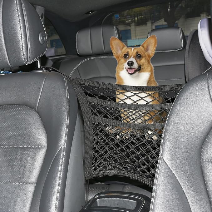 3-Layer Car Mesh 11.8" x 10.6" Organizer Between Front Seats | Kid Dog Pet Net Barrier Car Net Pocket Elastic Tissue Purse Holder Netting For Midsize SUV, Van