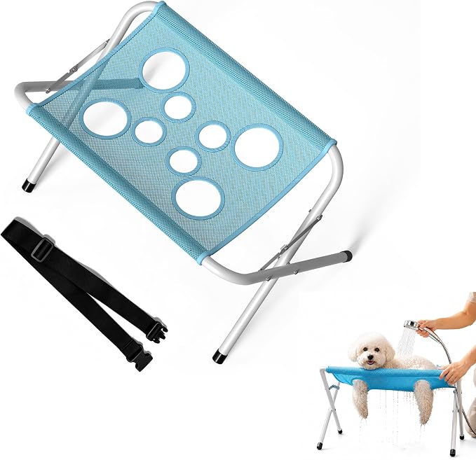 Pet Grooming Hammock for Dogs with Stand, Foldable Metal Frame and Breathable 8-Hole Mesh Restraint, Portable Bathing, Nail Trimming and Ear Cleaning Station for Small Dogs and Cats，Blue