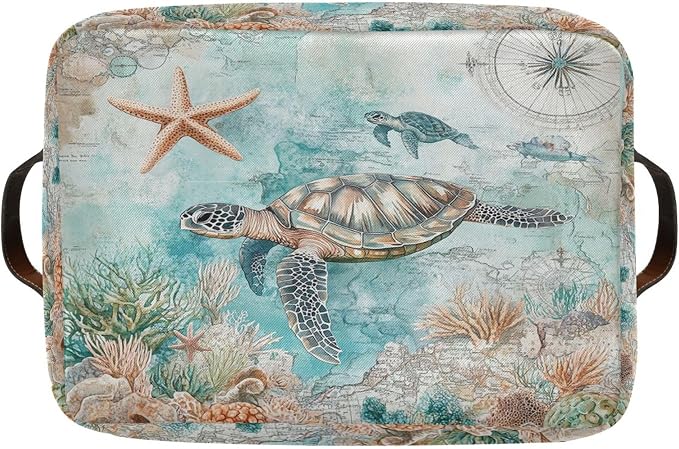 Nautical Starfish Fabric Storage Basket - Foldable, 16x12x8 Inches
