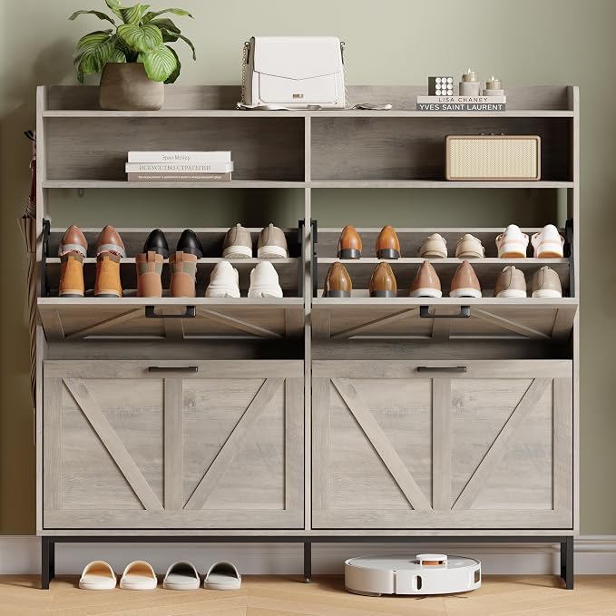 Xixini Shoe Storage Cabinet with 4 Flip Drawers, Entryway Shoe Rack, Grey | Freestanding Narrow Shoe Storage, Hidden Slim Wood Shoe Organizer, Modern Farmhouse, Open Storage & Hooks for Closet, Hallway