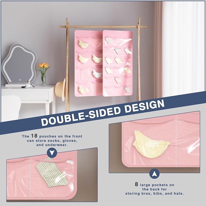 26-Pocket Hanging Closet Organizer for Socks and Underwear, Pink | Non-woven clear compartments keep bras & leggings visible; swivel hook fits wardrobe, closet rod, wall, door or shelves.