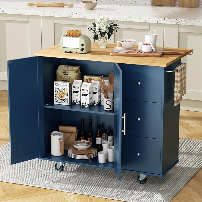 QAQA 40" Kitchen Island Cart Furniture cart on Wheels Rolling Portable Dining Room Serving Utility Carts Mobile Movable with Drawers Cabinet,Blue