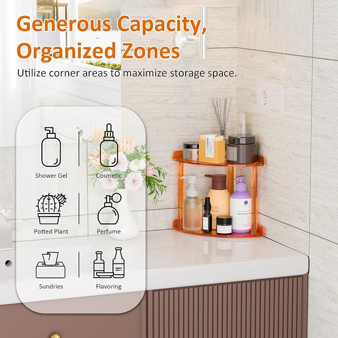 Sezanrpt 2 Tier Countertop Corner Organizer Shelf 7x7x8 Inch, Orange Acrylic Bathroom Corner Shelf for Countertop, Vanity Storage for Skincare, Cosmetics, Perfume