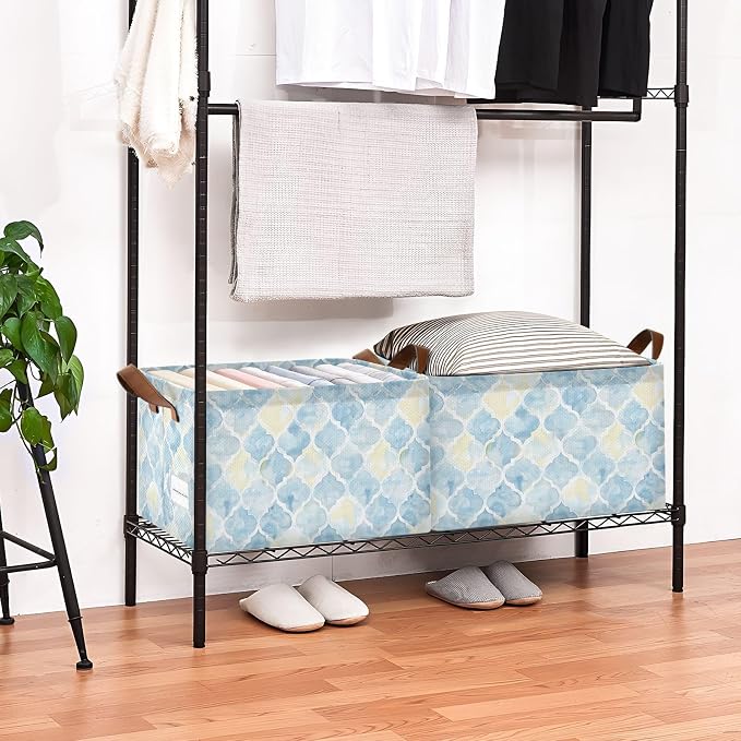 Light Blue Yellow Moroccan Tile Storage Bins for Shelves with Labels&Handles Fabric Organizer Bin Foldable Rectangle Storage Basket Boxes for Closet, Bathroom, Home, Living Room