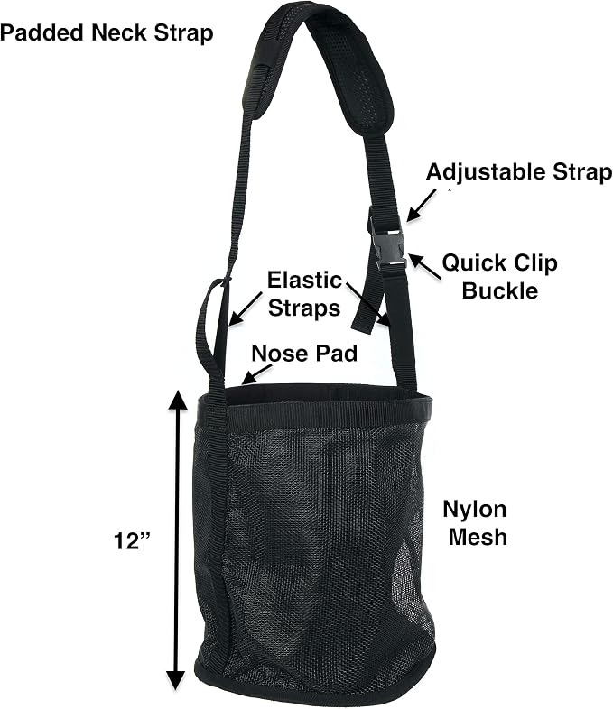 Majestic Ally Horse Feed Bag, Heavy Duty Nylon Mesh Grain Feed Bag, Adjustable Strap with Durable Snap and Elastic Straps, Comfort Neck Pad and Nose Pad- Large (Cob, Black)