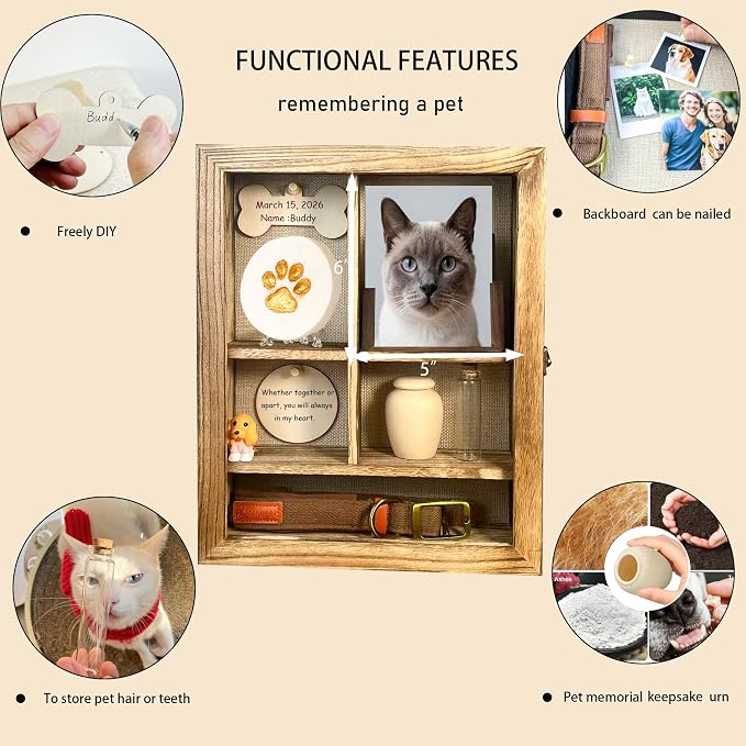 Solid Wood 11x14 Pet Memorial Shadow Box Frame with Adjustable Shelves Paw Print Kit Pet Urn Ashes Display Case Brown Dog Memorial Gifts for Loss of Dog