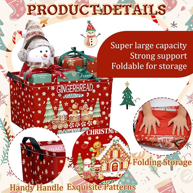 4 Pcs Christmas Storage Basket for Gifts Empty Large Gingerbread Man Storage Bins 15 x 10 x 8 Fabric Laundry Baskets with Handle Xmas Foldable Organizer Boxes for Office Home Cloth Toys Books