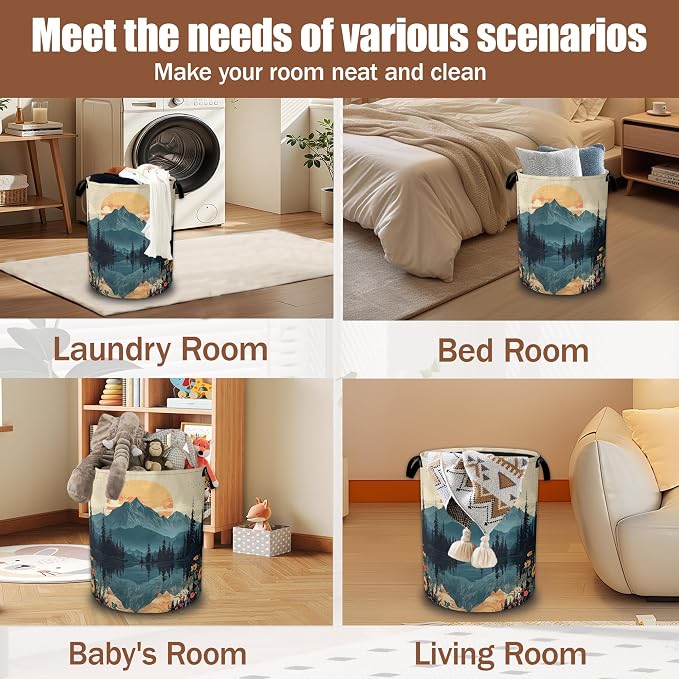 Mountain Sunset Lake Landscape Laundry Basket, Collapsible Waterproof Oxford Laundry Hamper with Handles, Clothes Storage Bin Toy Organizer for Bathroom/Bedroom/Dorm 16 x 20.8 Inch