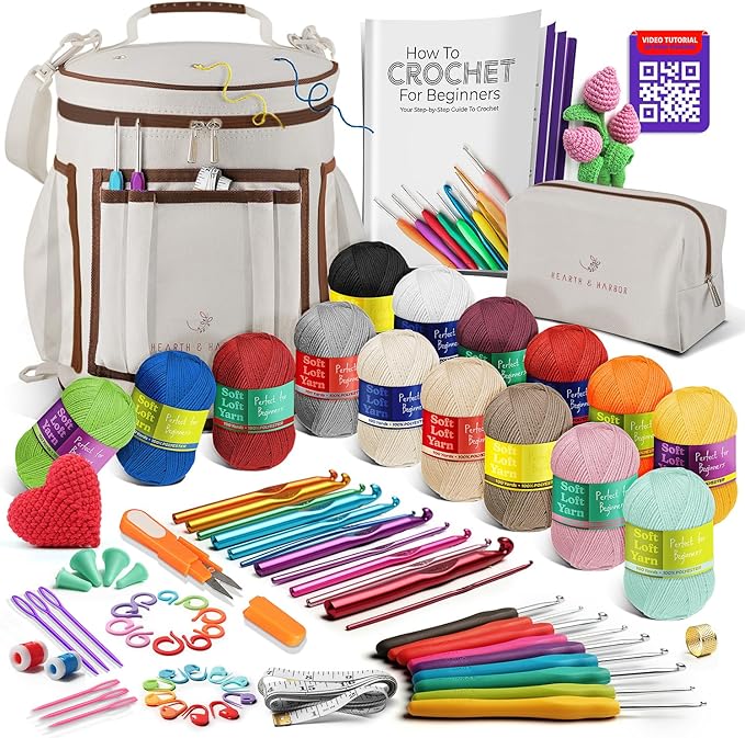 Crochet Kit for Beginners Adults and Kids - Beginner Crochet Kit for Adults with Step-by-Step Video Tutorials, Amigurumi and Crocheting Kit, Crochet Starter Kit with Soft Crochet Yarn and Crochet Bag