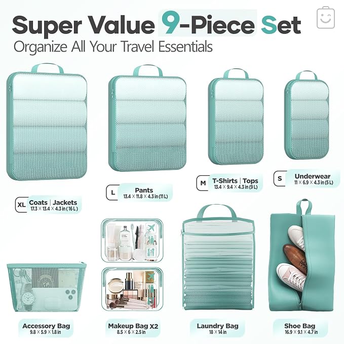 Veken 9/11 Set Compression Packing Cubes Garment Bags for Travel Essentials,Compressible Expandable Luggage Organizer Bags for Clothing,Space Saver Bags with Over 1000 pcs of Mesh Holes(Blue Green)