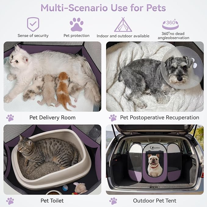 Siedihit Dog Cat Playpen, Small Puppy Pet Playpen, Dog Crate Tent Cage | Indoor/Outdoor, Portable Pop Up Dogs Kennel Playpen with Carrying Case for Dogs/Cats/Rabbits(Light Purple, Medium)