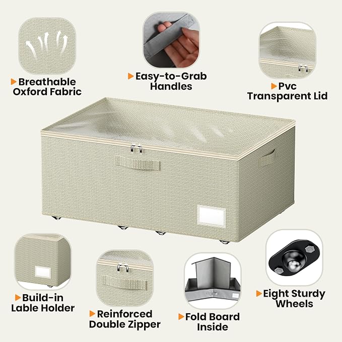 Dayacoco Under Bed Storage With Wheels,10in Underbed Storage Containers 65L | Large Capacity Underbed Storage, No Assembly Required Rolling Under Bed Storage for Clothes Blankets Shoes Beige