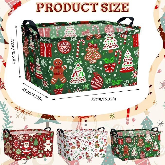 4pcs Christmas Storage Basket Fabric Laundry Baskets with Handle Xmas Foldable Organizer Boxes for Office Home Baby Cloth Toy Book 15 x 10 x 8(Retro)