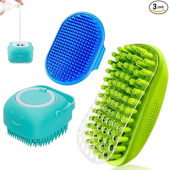 3PCS Dog Bath Brush | Dog Scrubber for Bath | Dog Shampoo Brush | Dog Washing/Shower Brush, Suitable for Short/Long Haired Dogs, Dog Brush for Shedding, Bathing, Massaging & Grooming (Blue Blue Green)