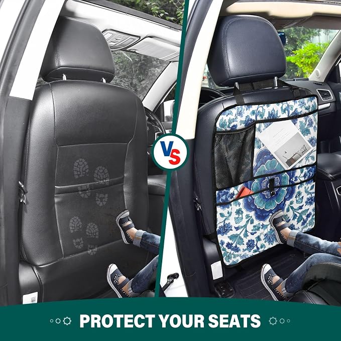 2 Pack Back Seat Car Organizer with Storage Pockets Kick Mats Back Seat Protector Hanging Car Organizer Automotive Seat Back Cover Organizers Floral Blue and White Vine