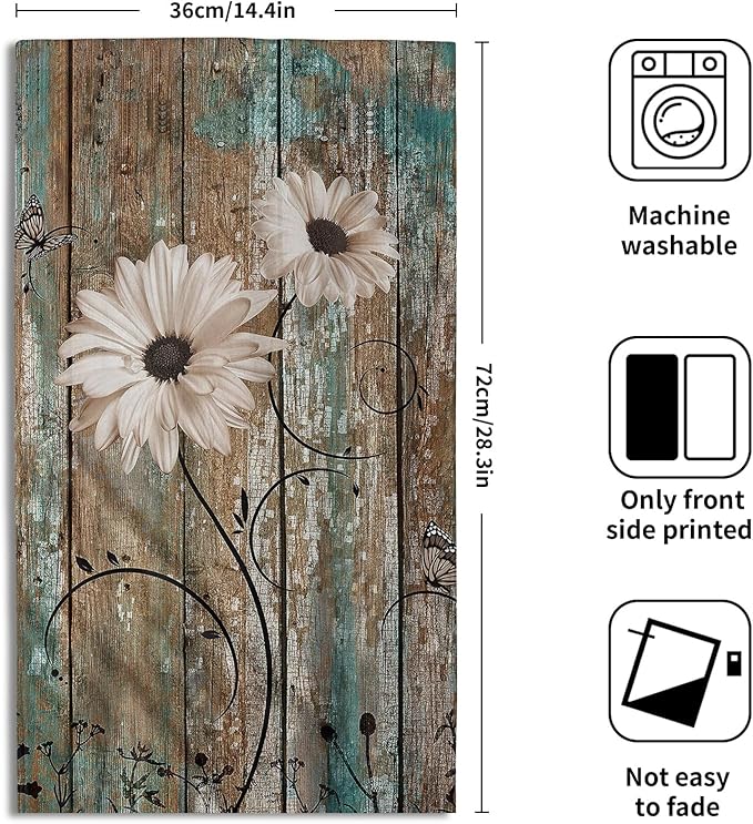 Giwawa Rustic Barn Sunflower Wooden Hand Towel 15x30 Set of 2, Daisy Flower Teal Turquoise Brown Plank Towel Retro Board Face Towel Country Barnwood Washcloth for Bathroom Farmhouse Log Cabin