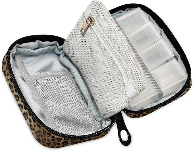 Leopard Print Pill Case, Portable Weekly Pill Box Bag Container 7 Days Pill Organizer Vitamin Supplement Holder with Zipper for Travel Family Business Gym