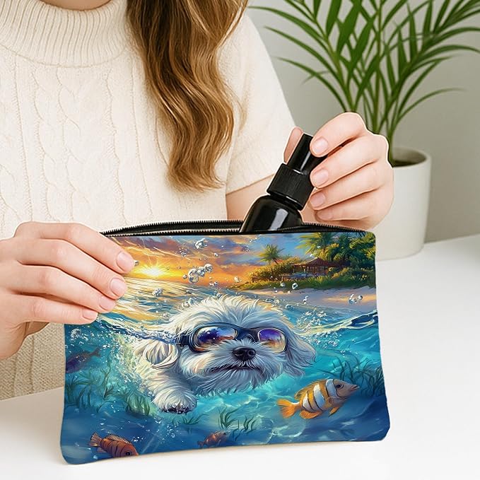 Maltese Dog Makeup Bag, Funny Coastal Beach Ocean Printed Cosmetic Travel Pouch for Women, Pet Portable Small Canvas Zipper Organizer 7x9 Inch