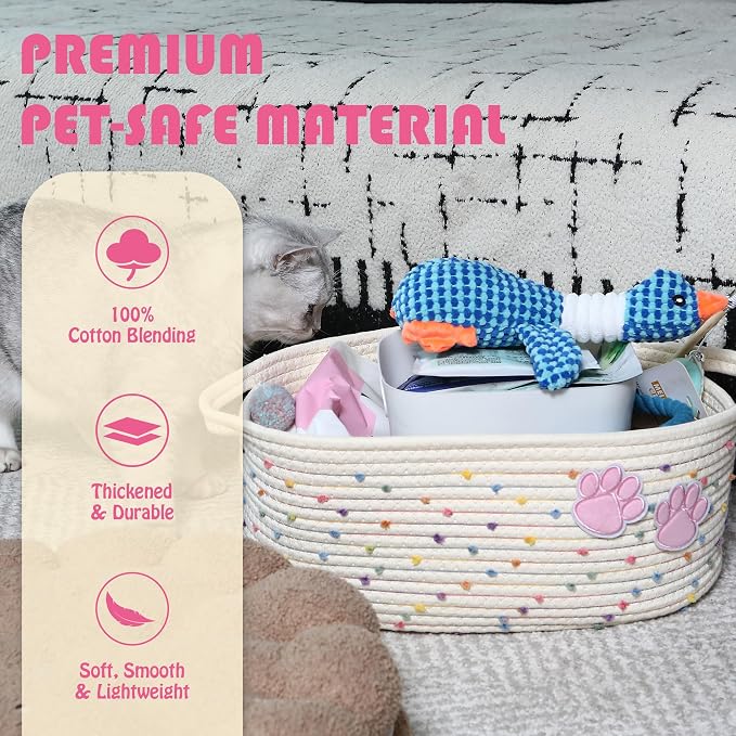 Sea Team Pet Toy Basket with Handles for Cats and Dogs, Rainbow Paw | Large Cotton Rope Storage Bin, Shelf Basket, Organizer for Pet Chew Toys, Foods, 16.5 x 11 x 7 Inches, 4.4 Gallons