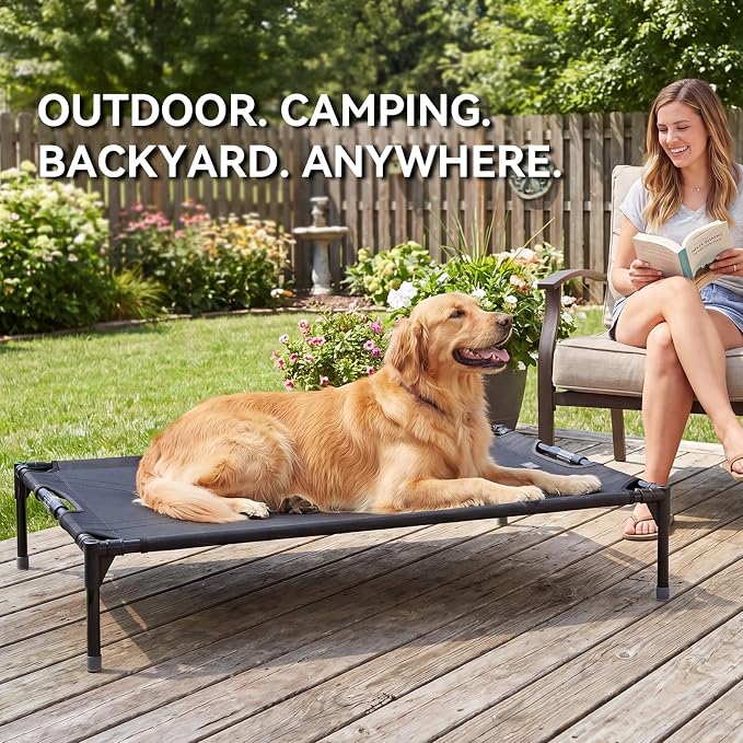 Petsfit 42 Inch Elevated Dog Bed for Large Dogs, Patented Anti-Sag Cot | Patented anti-sag tension bar, cooling Teslin mesh, dual support straps, tool-free setup and non-slip feet; up to 80 lb.
