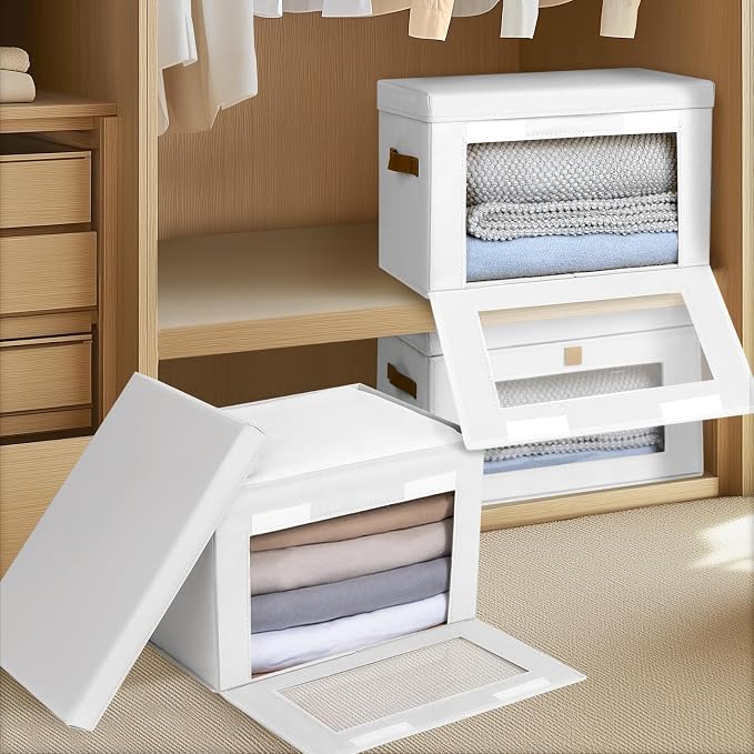 Large Clothing Storage Bins - Collapsible Boxes with Handles & Window, Decorative Organizer Bins with Lids, Fabric Containers for Living Room, Dorm, 2 Pack, White