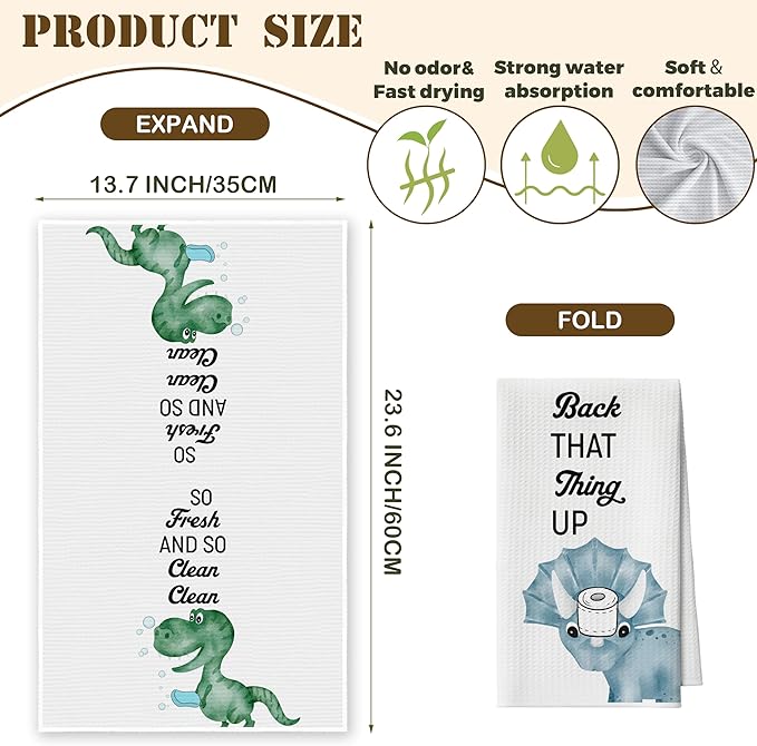 Bath Towels Set of 2, Cute Funny Dinosaurs Dish Towel for Bathroom Spa Kitchen, Decorative Hand Towels, Fast Drying Tea Towel, Housewarming Xmas Gifts for Dinosaurs Lover Women Mom -B32