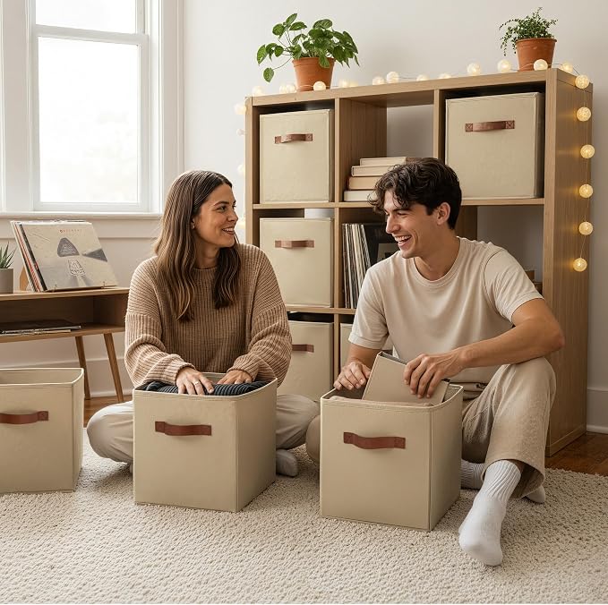 GRANNY SAYS Cube Storage Bins, 11 Inch Cube Organizers, Khaki, 6-Pack | Collapsible Storage Boxes with Thickened Base Plate, Sturdy Handles, Decorative Baskets for Shelves, Closet