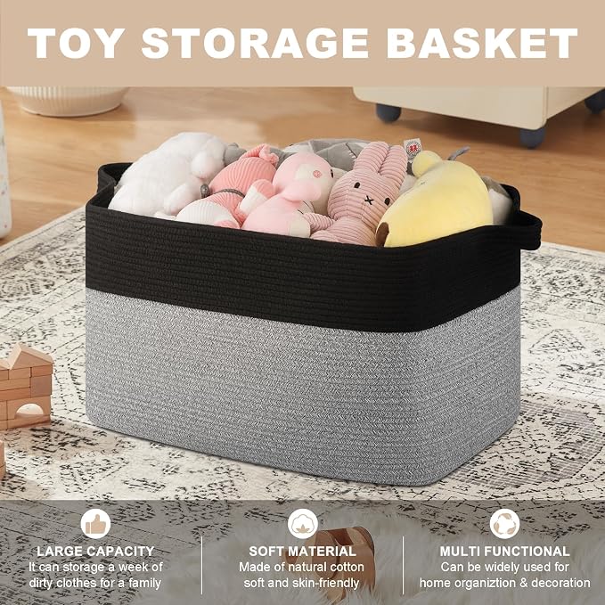 OIASKET 90L Extra Large Blanket Basket Living Room, 24"x16.9"x14.2" | Rectangle Woven Laundry Hamper, Nursery Blanket Storage Living Room, Toy Storage With Handle, Large Baskets for Organizing