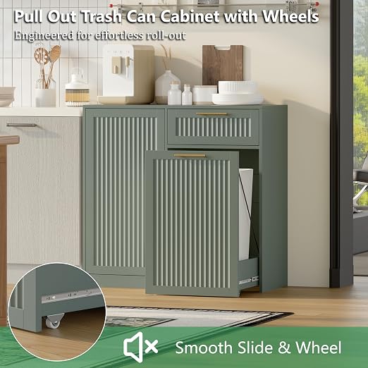 Single 13 Gallon Pull Out Trash Can Cabinet with Storage Cabinet,Green | Pet Proof Hidden Garbage Can Cabinet,3-Tier Shelves,Fluted Design,Extra Drawer Space,Kitchen & Dining Room Organization