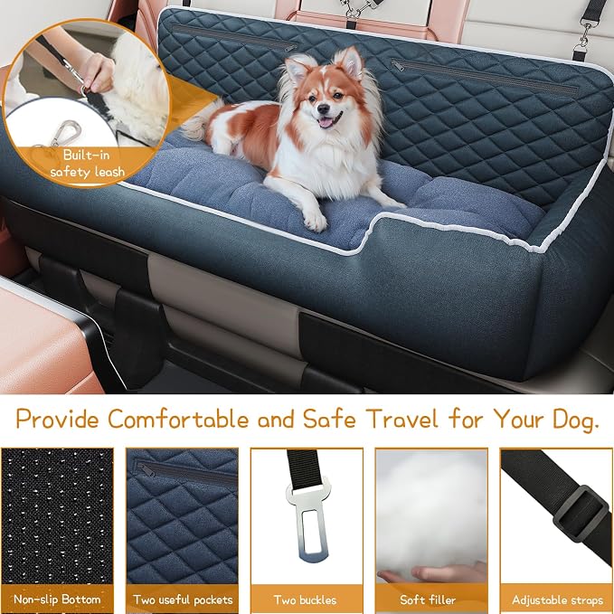 Large Dog Car Seat for SUV & Truck Dog Bed for Car Back Seat | High Back Booster Bench with Safety Tether & Storage Pocket Washable Thick Cushion Bed for Medium Large Dogs up to 100 lbs