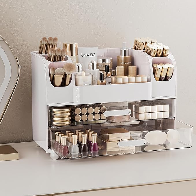 Delamu Large Makeup Organizer Countertop with 6 Brush Holders, White