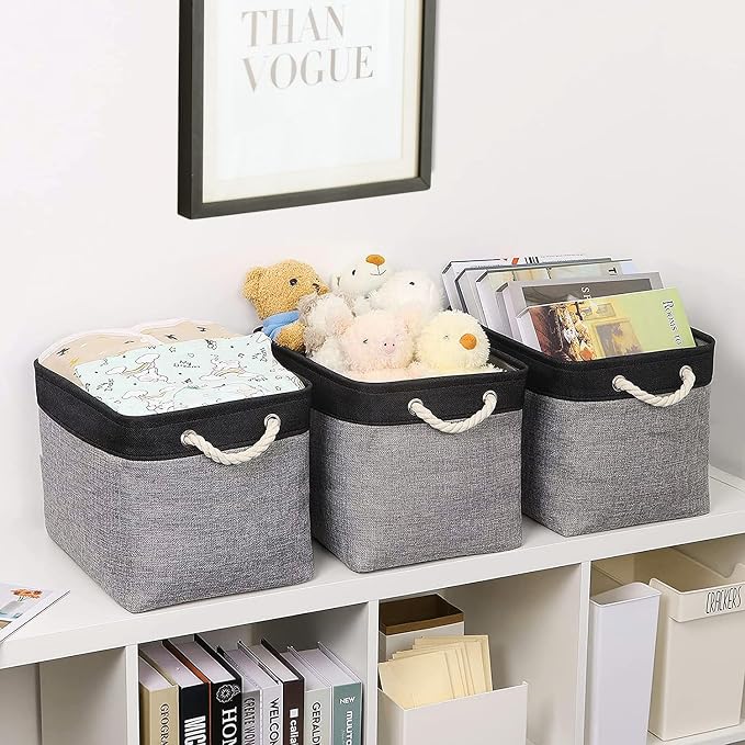 Storage Basket for Organizing - 16x12x12 inch Cube Storage bin 3 Pack Fabric Storage Cubes, Collapsible Storage Box for Organizer Cloth Gift Toy Closet (Black & Grey)
