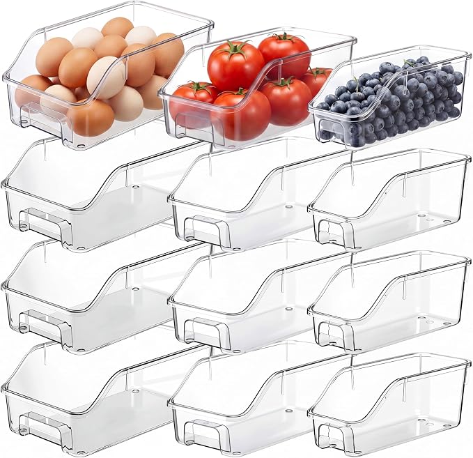 LemonRoad 12 Packs Pantry Organizers and Storage Freezer Clear Organizer Bins with Handle Acrylic Organization Bins Stackable Open Front Storage Vegetable Egg Salad Containers for Kitchen Cabinet
