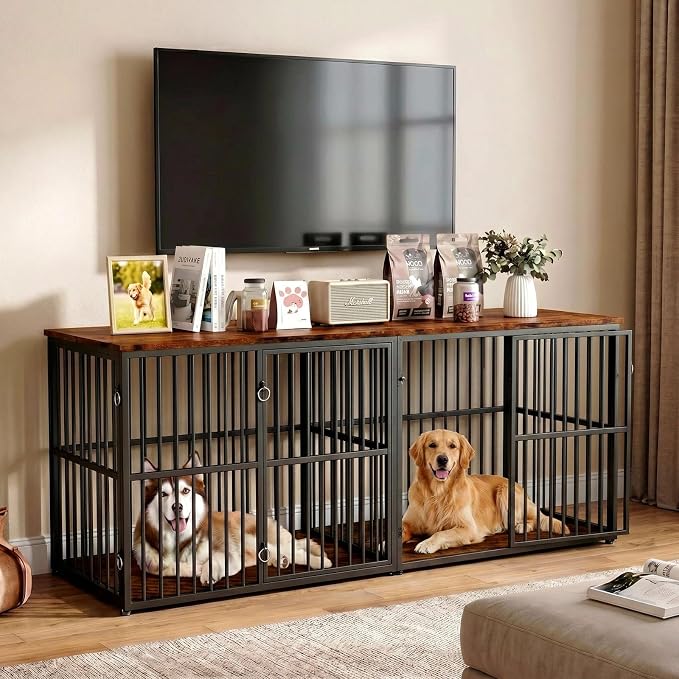 VOWNER 86.7" Double Dog Crate Furniture for 2 Large Dogs, Rustic Brown | Heavy Duty Wooden Dog Kennel with Removable Divider, XXL Dog Cage TV Stand End Table with 4 Doors, Double Locks for Each Door