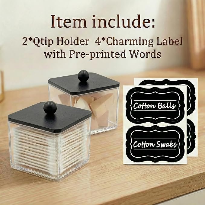 SheeChung 2 Pack Square Acrylic Qtip Holder with Black Wood Lid | Qtip Holder for Bathroom - Clear Apothecary Jar for Cotton Balls, Pads, Flossers, Farmhouse Bathroom Vanity Organizer