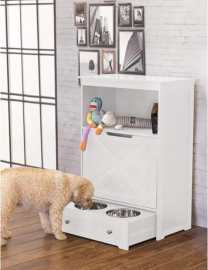zoovilla Windsor Pet Feeders with storage - dog bowl stand, pet feeder station, White 13.78?D x 24.02?W x 35.04?H