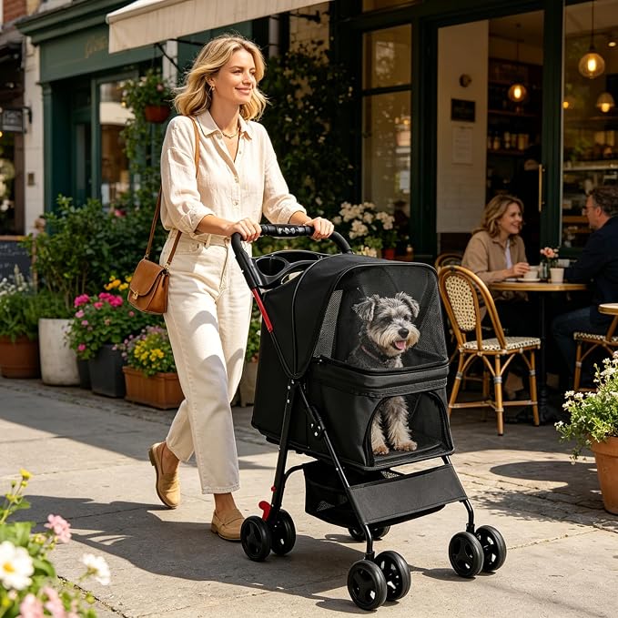 Foldable Pet Stroller for Small Dogs & Cats Up to 28 lbs, 360° Mesh